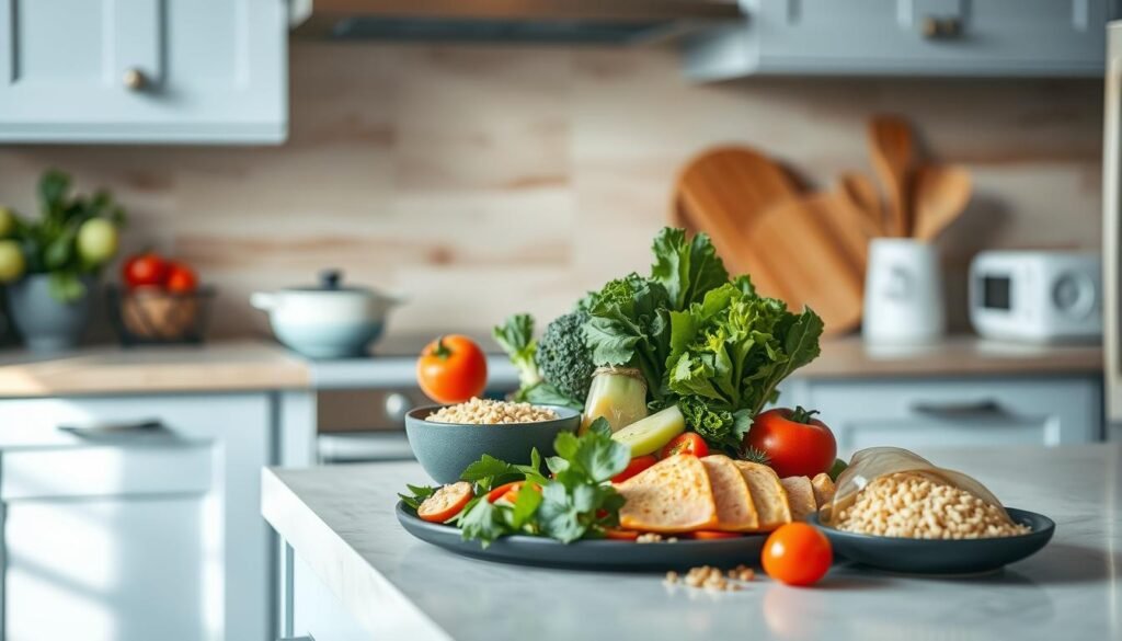 A cozy, minimalist kitchen with wooden textures and light blue accents. On the countertop, an arrangement of fresh vegetables, whole grains, and lean protein sources, all coming together to create a visually appealing and heart-healthy meal. Soft, natural lighting illuminates the scene, highlighting the vibrant colors and simple elegance of the budget-friendly ingredients. The camera angle captures the scene from a slightly elevated perspective, emphasizing the thoughtful preparation and balance of the nutrient-dense, low-sodium dishes.