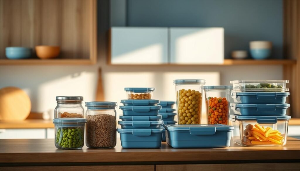 A cozy, minimalist kitchen with wooden textures and light blue accents. On the countertop, an assortment of Prepistry bulk food storage solutions - airtight glass jars, stackable metal canisters, and modular plastic containers in various sizes. The containers are neatly arranged, showcasing their clean, modern designs. Soft, diffused lighting illuminates the scene, creating a warm, inviting atmosphere. The focus is on the innovative and practical storage options, highlighting their potential to reduce waste during lunch meal prep.