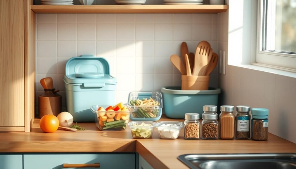 A cozy, minimalist kitchen with wooden textures and light blue accents. On the countertop, an array of time-saving meal prep hacks are showcased, including a multi-compartment food container, a spiral slicer, and a set of pre-portioned spices. The lighting is soft and natural, casting a warm glow over the scene. The camera angle is slightly elevated, giving a bird's-eye view of the efficient, organized workspace. The overall atmosphere conveys a sense of simplicity, organization, and the satisfaction of preparing healthy, hassle-free meals.