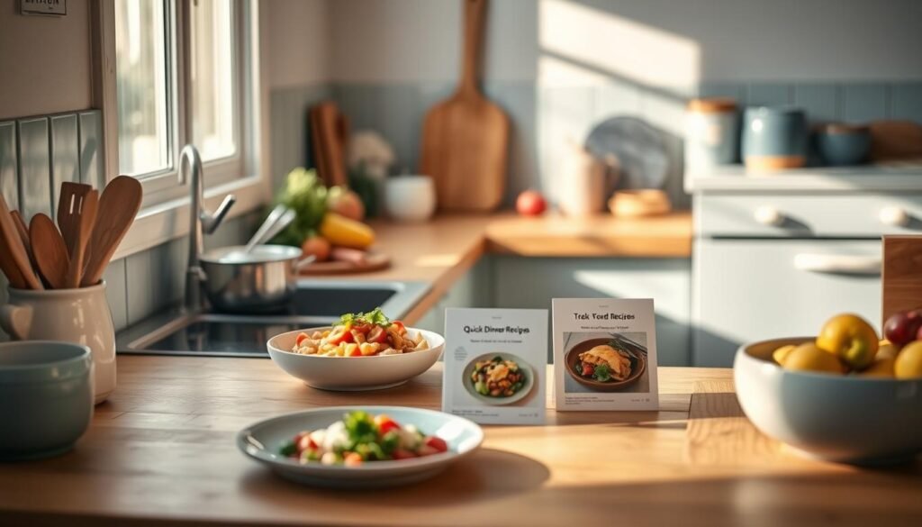 A cozy, minimalist kitchen with wooden textures and light blue accents. On the countertop, an arrangement of fresh produce, cooking utensils, and a few quick dinner recipes displayed on recipe cards. The scene is bathed in warm, natural lighting, creating a welcoming and inviting atmosphere. The focus is on the simple yet delicious-looking meals, enticing the viewer to try these quick and tasty weekly dinner recipes.