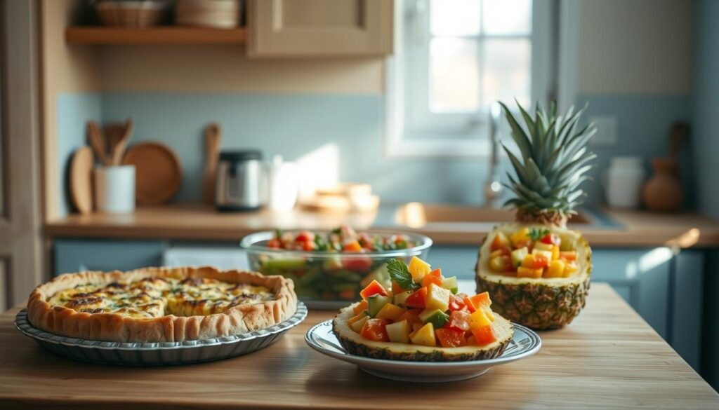 A cozy, minimalist kitchen with wooden textures and light blue accents. On the countertop, an array of creatively repurposed leftovers: a savory quiche with a flaky crust, a hearty vegetable casserole, and a vibrant fruit salad in a hollowed-out pineapple. Warm, natural lighting casts a soft glow, highlighting the textures and colors of the dishes. The scene exudes a sense of effortless culinary ingenuity, showcasing how simple ingredients can be transformed into mouthwatering meals.