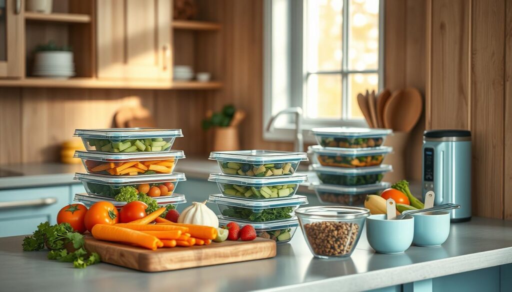 A cozy, minimalist kitchen with wooden textures and light blue accents. On the countertop, an assortment of meal prep containers, fresh ingredients, and a set of measuring cups. The arrangement creates a visually appealing and informative composition, highlighting the concepts of high-protein, calorie-conscious meal preparation. Soft, diffused lighting emphasizes the natural textures and colors, conveying a sense of warmth and nutrition. The scene invites the viewer to explore the possibilities of flavorful, healthy lunches without extra calories.