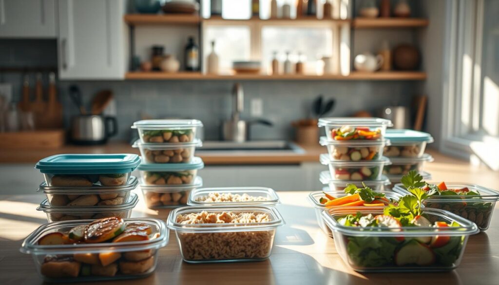 A cozy, minimalist kitchen with wooden textures and light blue accents. On the countertop, an assortment of meal prep containers, each filled with a variety of healthy, high-protein recipes - grilled chicken, roasted vegetables, brown rice, and colorful salads. Sunlight streams in through the window, casting a warm glow over the neatly organized containers. In the background, shelves hold various cooking utensils and spices, hinting at the efficient food preparation happening in this organized, time-saving space.