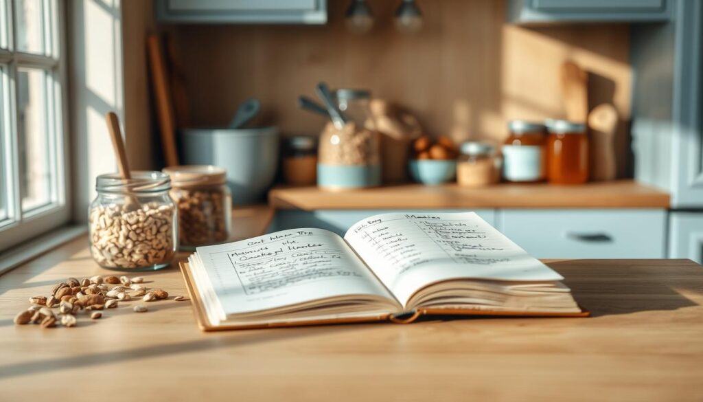 A cozy, minimalist kitchen with wooden textures and light blue accents. On the countertop, an open notebook displays handwritten meal plans, surrounded by various pantry staples like oats, nuts, and jars of honey. Soft, natural lighting illuminates the scene, casting gentle shadows and highlighting the thoughtful, organized approach to meal preparation. The overall atmosphere conveys a sense of intentionality and mindfulness in planning nourishing, low-sugar breakfasts using readily available ingredients.