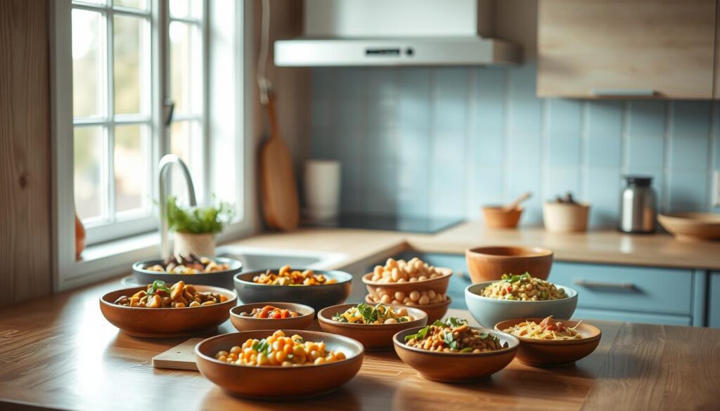 A cozy, minimalist kitchen with wooden textures and light blue accents. On the countertop, an assortment of chickpea recipes arranged in an appetizing display - hearty stews, flavorful curries, and vibrant salads. The dishes are presented in earthenware bowls, complementing the natural, rustic aesthetic. Soft, diffused lighting illuminates the scene, casting a warm, inviting glow. The camera captures the scene from a slightly elevated angle, highlighting the diverse and cost-effective meal prep options. The overall atmosphere exudes simplicity, nourishment, and the comforts of a home-cooked meal, perfectly suited for fueling late-night overtime work.