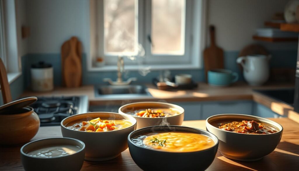 A cozy, minimalist kitchen with wooden textures and light blue accents. On the countertop, an assortment of hearty, homemade soups - from creamy butternut squash to robust beef stew, their steam gently rising. The scene is bathed in soft, diffused lighting, casting warm shadows and highlighting the rich colors and textures of the soups. The overall atmosphere is one of comfort and nourishment, perfect for a comforting evening meal.