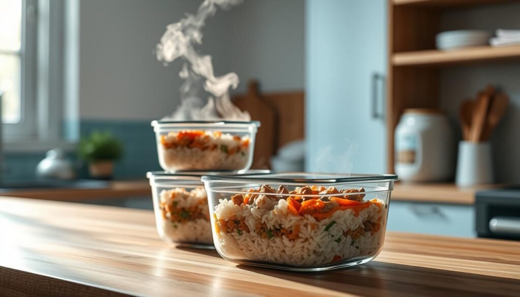 A cozy, minimalist kitchen with wooden textures and light blue accents. On the countertop, two stacked glass containers hold perfectly portioned rice bowls, ready to be reheated. Steam rises gently from the containers, hinting at the flavorful global dishes within. The lighting is soft and warm, creating a comforting atmosphere. The angle captures the containers in the foreground, with the clean kitchen space in the background, emphasizing the ease and convenience of meal prep.