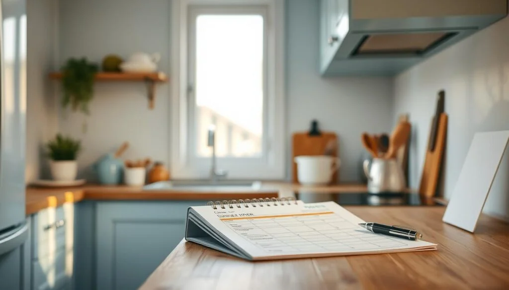 A cozy, minimalist kitchen with wooden textures and light blue accents. On the kitchen counter, a weekly dinner menu is carefully planned out, with neatly organized recipe cards, a calendar, and a pen poised, ready to jot down ideas. The lighting is soft and warm, creating a serene atmosphere as the chef contemplates a week's worth of healthy, delicious meals. The scene evokes a sense of thoughtful preparation and intentionality, reflecting the care and attention that goes into planning a family's weeknight dinners.