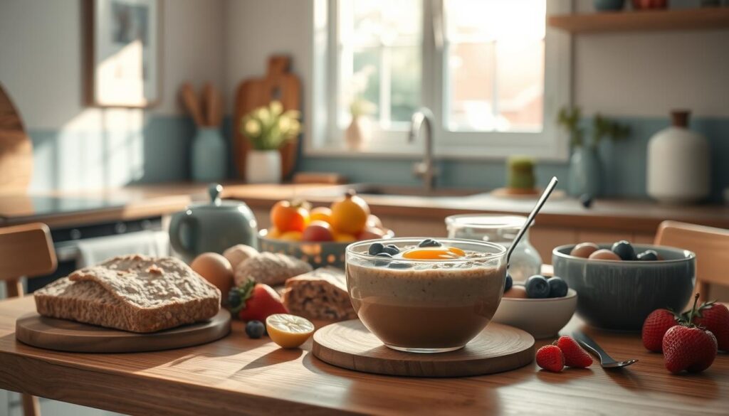 A cozy, minimalist kitchen with wooden textures and light blue accents. Sunlight streams through a window, illuminating a table laden with a variety of nutritious morning recipes. Fresh fruits, whole grain breads, oatmeal, eggs, and a smoothie bowl take center stage, showcasing the vibrant colors and textures of a wholesome, low-sugar breakfast. The scene exudes a sense of simplicity and wellness, inviting the viewer to savor a nourishing start to the day.