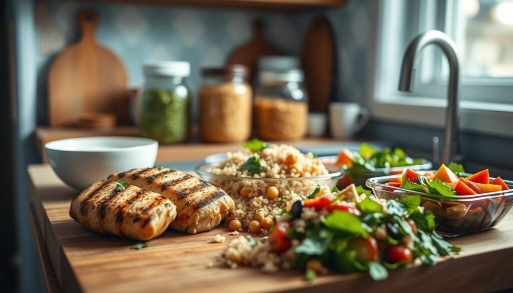 A cozy, minimalist kitchen with wooden textures, light blue accents, and no hands. Various healthy, high-protein meal prep recipes in the foreground, including grilled chicken, quinoa salad, and roasted vegetables. The recipes are beautifully arranged on a wooden cutting board, with fresh herbs and spices adding pops of color. In the middle ground, jars of protein-rich ingredients like lentils, chickpeas, and Greek yogurt. The lighting is soft and natural, highlighting the fresh, vibrant colors of the dishes. The overall atmosphere is one of simplicity, creativity, and nourishment, perfectly capturing the essence of 