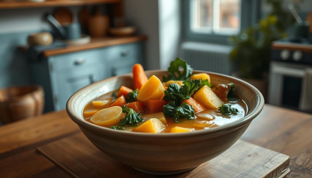 A cozy, rustic kitchen filled with the warm aroma of seasonal vegetables simmering in a hearty broth. A large, ceramic bowl sits on a wooden table, brimming with an autumnal medley of carrots, parsnips, potatoes, and kale - all gently swirling in a comforting, golden-hued soup. Soft, indirect lighting casts a gentle glow, highlighting the vibrant colors and textures of the seasonal produce. The minimal kitchen features light blue accents, complementing the earthy tones of the vegetables. This nourishing and comforting bowl of soup perfectly encapsulates the spirit of embracing seasonal ingredients during the fall and winter months.