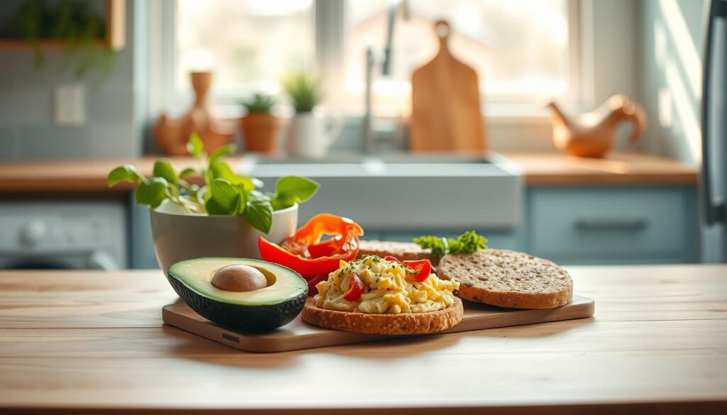A cozy, sun-drenched kitchen with light blue accents and a wooden countertop. On the counter, an artful arrangement of healthy breakfast swap ingredients: avocado slices, scrambled tofu, roasted red peppers, and whole grain English muffins. The lighting is soft and diffused, creating a warm, inviting atmosphere. The camera angle is slightly elevated, providing a birds-eye view of the scene, highlighting the vibrant colors and textures of the ingredients. The overall mood is one of simplicity, nutrition, and culinary creativity.