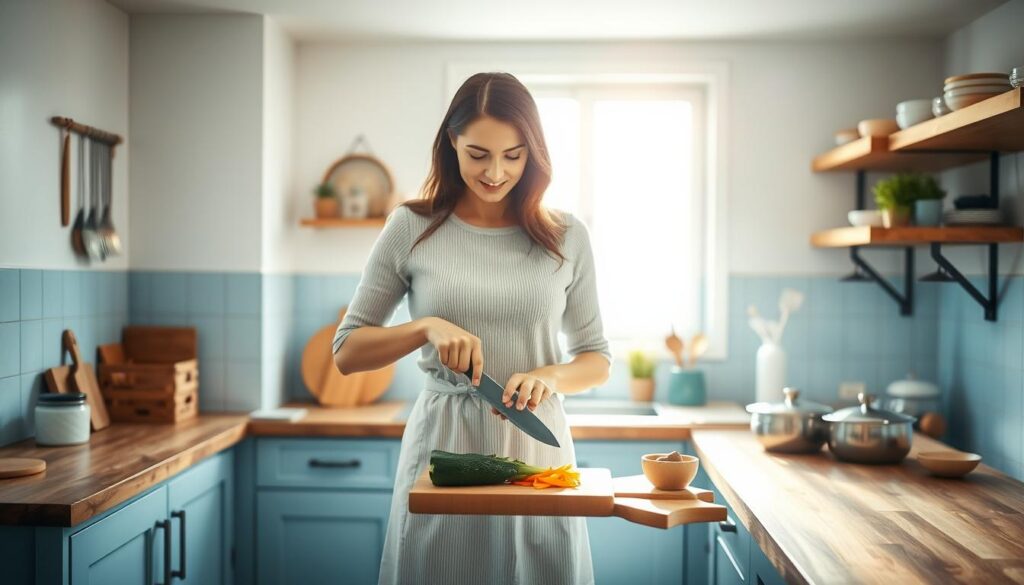 A cozy, sun-drenched kitchen with wooden countertops and light blue accents. A woman stands at the center, her hands deftly chopping vegetables with impressive speed and precision. Utensils and cookware are neatly arranged, showcasing an efficient workflow. The background features a clean, minimalist design, with a large window letting in natural light that casts a warm glow throughout the space. The overall atmosphere radiates a sense of calm and control, reflecting the theme of "Efficient Time Management in the Kitchen".