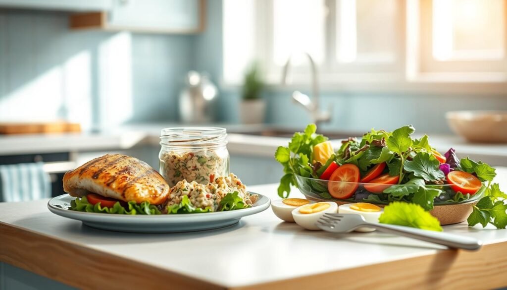 A cozy, sun-drenched kitchen with wooden textures and light blue accents. On a clean, minimalist counter, an assortment of protein-packed lunch options: grilled chicken breast, tuna salad in a glass jar, hard-boiled eggs, and a vibrant green salad. The lighting is soft and natural, creating a warm, inviting atmosphere. A pair of stainless steel utensils rest nearby, hinting at the ease of preparing these nutritious, flavorful meals. The overall scene conveys a sense of simplicity, health, and satisfaction.