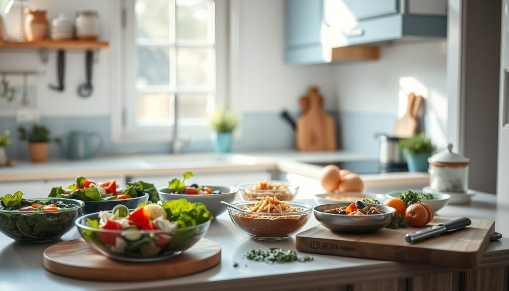 A cozy, sun-drenched kitchen with wooden textures and light blue accents. On the counter, an assortment of freshly prepared meals - colorful salads, hearty soups, and protein-packed dishes. Nearby, a cutting board with chopped vegetables and herbs, conveying the idea of mindful, homemade meal preparation. The scene exudes a sense of calm productivity, hinting at the health benefits of planning and preparing nutritious office lunches. A serene, inviting atmosphere that inspires energy and focus for the productive afternoon ahead.