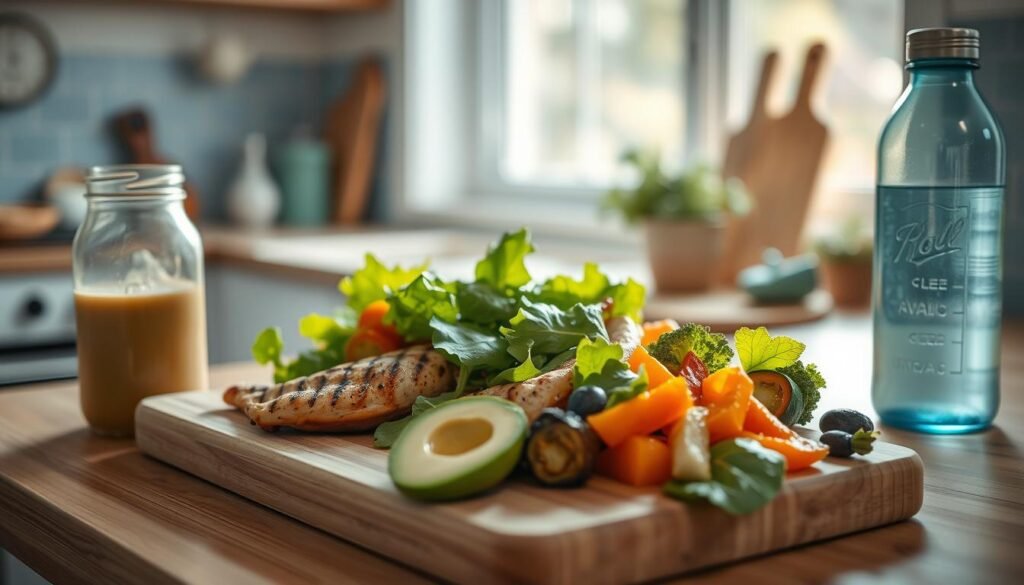 A cozy, sun-lit kitchen with natural wood textures and light blue accents. On a wooden cutting board, an assortment of fresh, wholesome ingredients - a crisp green salad, juicy grilled chicken, avocado slices, and a rainbow of roasted vegetables. Nearby, a mason jar filled with homemade dressing and a reusable water bottle. The scene conveys a sense of mindful, clean eating, free from processed foods, ready to nourish and energize.