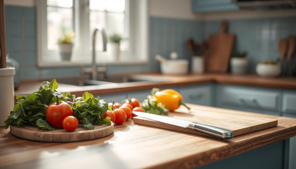 A cozy, sunlit kitchen with a minimalist design and soft blue accents. On the wooden counter, an array of fresh ingredients - crisp greens, juicy tomatoes, and colorful bell peppers. A cutting board stands ready, knife waiting to transform these raw elements into a nourishing, stress-free meal. The scene exudes a sense of calm and efficiency, inviting the viewer to envision the seamless process of meal planning and preparation. No hands are visible, emphasizing the effortless, methodical approach to weekly cold lunch recipes. The entire composition radiates a feeling of tranquility and control, perfectly capturing the essence of "Stress-Free Weekly Planning."