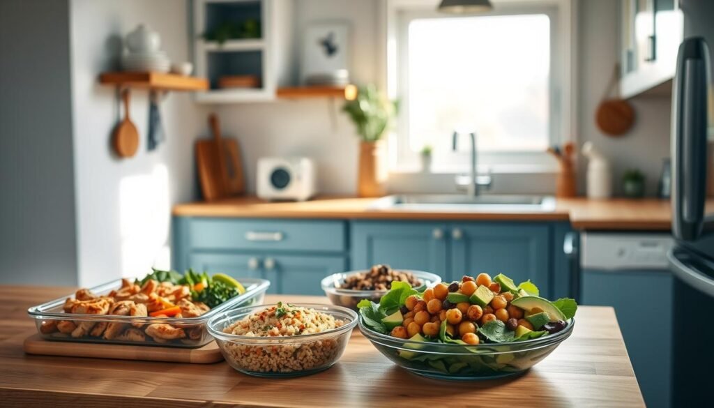 A cozy, well-lit kitchen bathed in warm natural light, with wooden countertops and light blue accents. On the counter, an assortment of protein-packed meal prep recipes are neatly arranged, including grilled chicken and vegetable stir-fry, quinoa and black bean burrito bowls, and a vibrant green salad with avocado and roasted chickpeas. The recipes are presented with clean, minimalist styling, inviting the viewer to explore these delicious and nutritious office-friendly Mexican cuisine options.