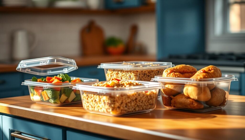 A cozy, well-lit kitchen with a wooden countertop and blue-accented cabinetry. On the counter, a collection of reheatable meal prep containers, each filled with a different nutritious dish - a hearty vegetable stew, a colorful quinoa salad, and a portion of tender roasted chicken. The containers are arranged neatly, their contents visible through the transparent lids, inviting the viewer to imagine the satisfying flavors within. Soft shadows and warm lighting create a welcoming atmosphere, hinting at the ease and convenience of these carefully prepared, reheatable main dishes and leftovers solutions.