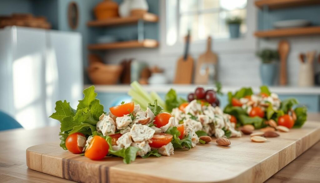 A cozy, well-lit kitchen with warm, wooden textures and light blue accents. In the foreground, a variety of modern chicken salad variations are artfully arranged on a wooden cutting board - creamy, herb-infused salad with chunks of tender chicken, vibrant tomatoes, and crisp greens. In the middle ground, an array of fresh ingredients like celery, grapes, and toasted almonds create texture and color contrast. The background has a minimalist, uncluttered feel, allowing the delicious salad to take center stage. The lighting is soft and natural, lending an inviting, appetizing atmosphere to the scene.