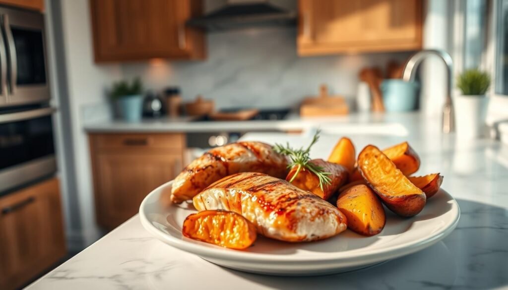 A cozy, well-lit kitchen with warm wooden textures and light blue accents. On a white marble countertop, a neatly arranged plate showcases a protein-packed meal: juicy grilled chicken, tender flaky salmon, and roasted sweet potato wedges. The food is beautifully presented, with a focus on clean, natural flavors. The scene evokes a sense of simplicity and balance, perfectly suited for a healthy, portion-controlled cold lunch.