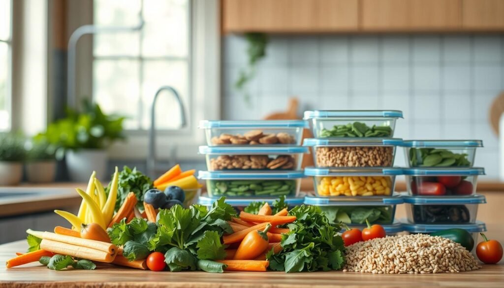 A cozy, well-lit kitchen with wooden textures and light blue accents showcases a collection of freshly prepared meal containers. In the foreground, an array of vibrant, nutrient-dense ingredients - crisp vegetables, lean proteins, and whole grains - are artfully arranged in a way that highlights their natural colors and textures. The middle ground features a set of airtight, stackable meal prep containers, their lids sealed to maintain the freshness and nutritional value of the contents. In the background, a minimal, streamlined design emphasizes the importance of organization and efficiency in the meal prep process. The overall scene conveys a sense of calm, intentionality, and a commitment to nourishing, well-balanced meals.