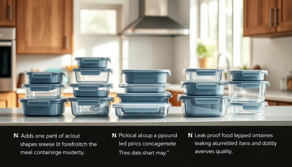 A cozy, well-lit kitchen with wooden textures and light blue accents showcases a stylish arrangement of meal prep containers. On a sleek, uncluttered countertop, various shapes and sizes of reusable food storage containers are displayed, their lids firmly in place. Subtle reflections on the container surfaces suggest their high-quality, leak-proof design. The containers are surrounded by personal notes, product reviews, and a sense of user satisfaction, conveying the practical benefits of these essential meal prep tools.