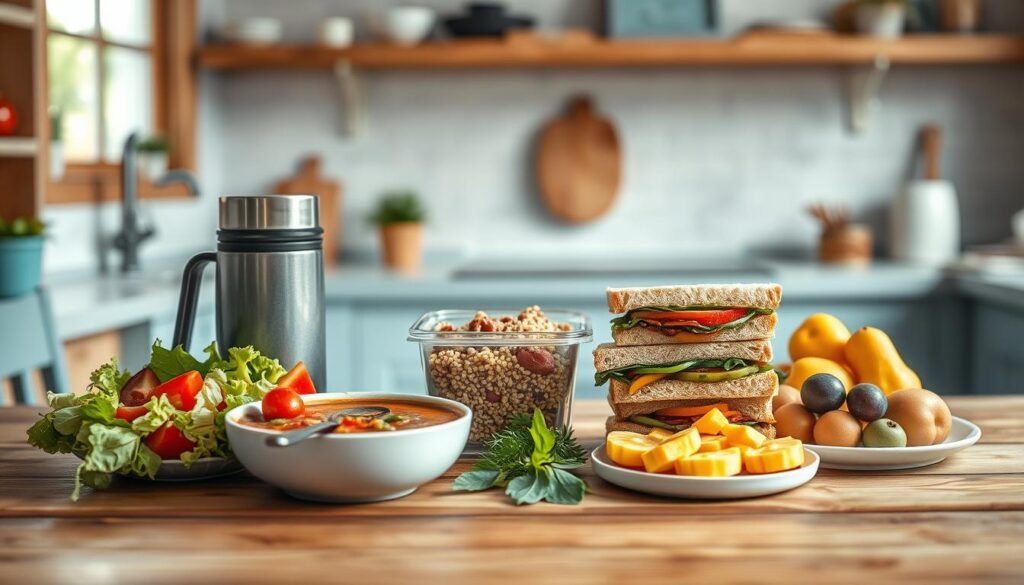A cozy, well-lit kitchen with wooden textures and light blue accents. On a wooden table, an assortment of gluten-free lunch items arranged in an appealing listicle formation: a fresh salad with vibrant vegetables, a thermos of hearty soup, a container of quinoa and roasted vegetables, a stack of gluten-free sandwiches, and a plate of assorted fruit. The scene exudes a sense of health, simplicity, and culinary delight, inviting the viewer to explore these delicious and safe gluten-free lunch ideas.