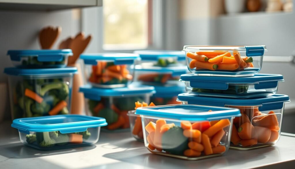 A cozy, well-organized kitchen counter showcases a variety of meal prep storage containers in various sizes and shapes. The containers are made of glass and BPA-free plastic, neatly arranged with blue silicone lids. Crisp, fresh vegetables like broccoli, carrots, and bell peppers are visible through the transparent containers, maintaining their vibrant colors and crunch. Soft, natural lighting filters in through a nearby window, illuminating the tidy workspace with a warm, inviting glow. The overall atmosphere conveys a sense of efficiency, safety, and attention to detail for effective meal prepping.