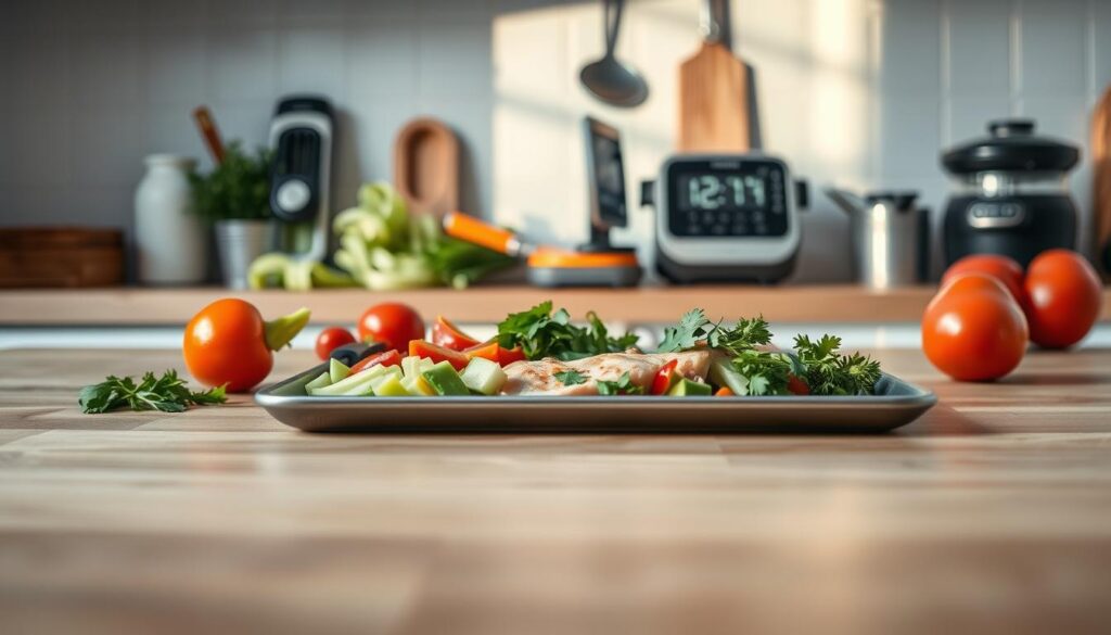 A cozy, well-organized kitchen with a minimalist aesthetic showcases various time-saving cooking hacks. In the foreground, a sheet pan with neatly arranged ingredients - freshly chopped vegetables, fragrant herbs, and a protein of choice. The middle ground features a set of useful kitchen tools and gadgets, such as a mandoline slicer, a vegetable spiralizer, and a digital timer, all arranged in a visually appealing manner. The background is a serene, light blue-accented wall, creating a sense of calm and focus. The overall scene is bathed in warm, natural lighting, highlighting the textures of the wooden surfaces and the vibrant colors of the fresh produce. This image conveys a sense of efficiency, organization, and the joy of easy, weeknight meal preparation.