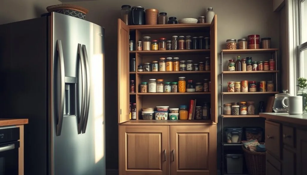 A cozy, well-organized kitchen with an array of food storage solutions. In the foreground, a sleek silver refrigerator and a deep freezer sit side by side, their doors slightly ajar to reveal their contents. The middle ground showcases a wooden pantry cabinet, its shelves neatly stocked with glass jars, canned goods, and other non-perishable items. Soft, natural lighting filters through a window, casting a warm glow over the scene. The overall atmosphere is one of efficiency and calm, with a focus on practical, sustainable storage options for a well-stocked emergency backup pantry.