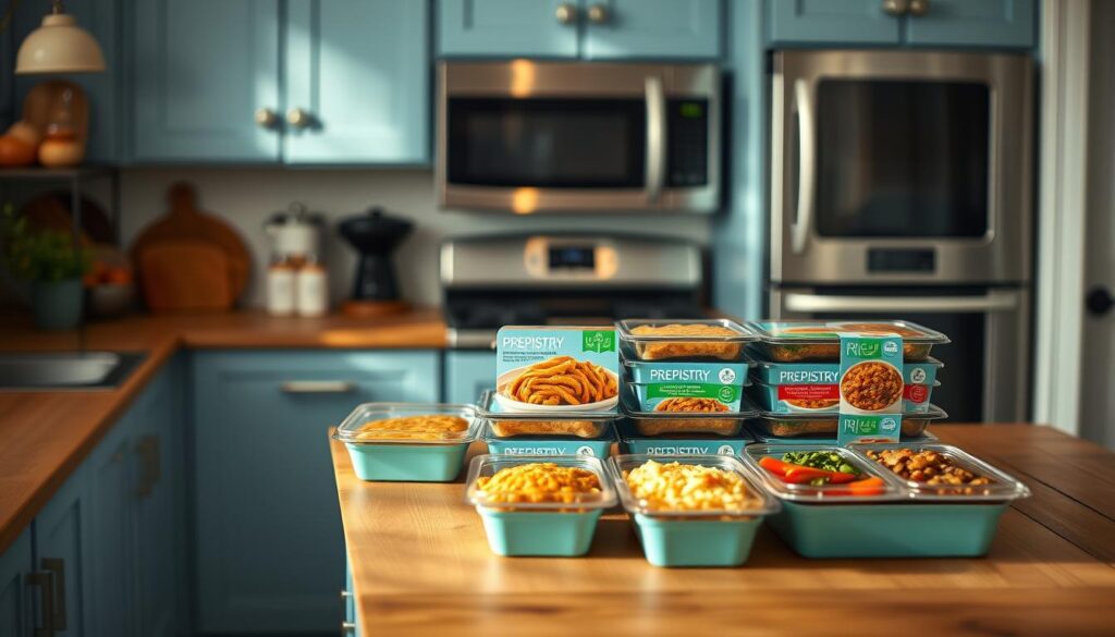 A cozy, well-organized kitchen with wooden countertops and light blue accents. On the counter, a set of Prepistry freezer meal containers neatly arranged, showcasing various frozen dishes. The lighting is soft and diffused, creating a warm, inviting atmosphere. In the background, a sleek microwave and oven stand ready to efficiently reheat the frozen meals. The scene conveys a sense of ease and efficiency in meal preparation and storage, with the Prepistry brand prominently displayed.