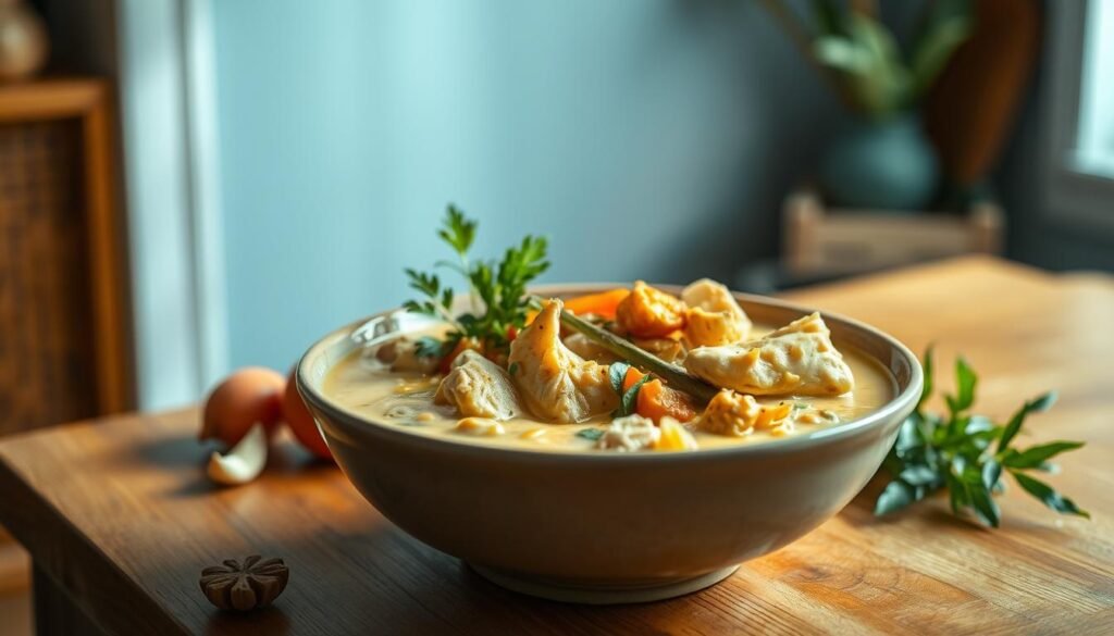 A creamy coconut curry with tender chicken, fragrant lemongrass, and vibrant vegetables simmers in a ceramic bowl on a wooden table, bathed in soft, natural light filtering through a nearby window. The pungent aroma of ginger, garlic, and spices fills the cozy, minimalist kitchen, accented with light blue hues. The curry's silky texture and bold, complex flavors invite the viewer to savor a hearty, comforting Asian-inspired meal.