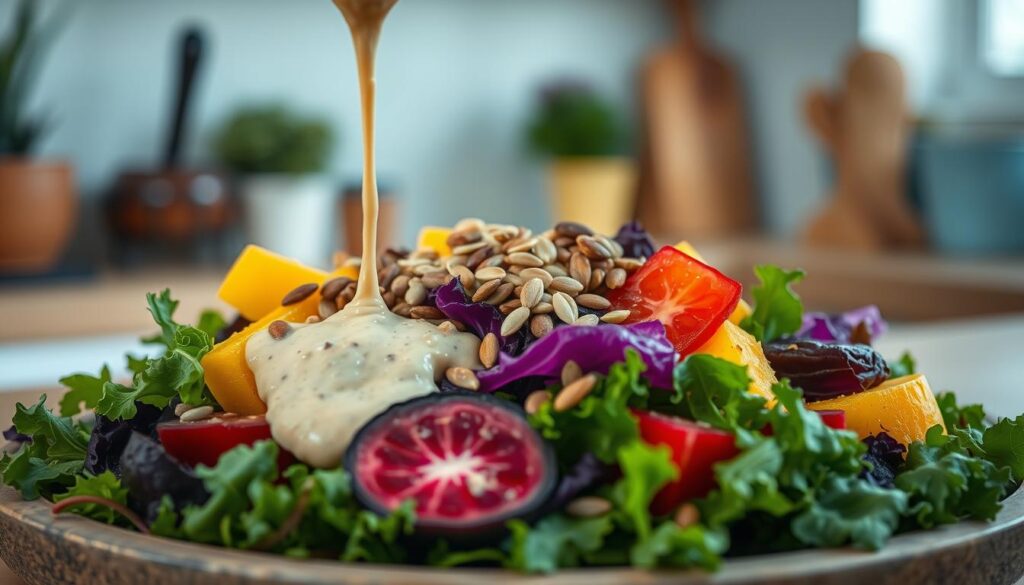 A creamy tahini dressing drizzles over a bed of vibrant rainbow vegetables - crimson beets, golden squash, emerald kale, and violet cabbage. Sprinkled atop are a medley of crunchy seeds - nutty sunflower, earthy pumpkin, and earthy flax. The scene is bathed in soft, warm lighting that highlights the textures and colors, creating an inviting and appetizing composition in a cozy, minimal kitchen with wooden accents and light blue details.