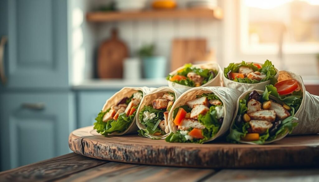 A creative array of colorful, artfully arranged sandwich wraps nestled on a rustic wooden surface, featuring an array of fillings like grilled chicken, fresh greens, vibrant vegetables, and creamy condiments. The lighting is soft and natural, casting a warm, inviting glow over the scene. The composition is balanced and visually interesting, with the wraps placed in the foreground against a minimalist, light blue-accented kitchen backdrop, creating a cozy, appetizing atmosphere.