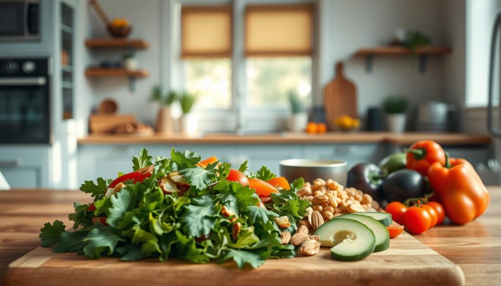 A creative dairy-free salad showcase presented in a cozy, minimal kitchen with warm wooden textures and light blue accents. In the foreground, a vibrant array of fresh greens, juicy tomatoes, crunchy cucumbers, and colorful bell peppers are arranged artfully on a large wooden cutting board. The middle ground features a variety of dairy-free toppings such as roasted chickpeas, toasted almonds, and creamy avocado slices. The background subtly suggests the kitchen's calm ambiance with soft natural lighting flowing through a large window, casting a gentle glow over the scene. This serene tableau invites the viewer to imagine crafting their own delightful dairy-free salad creations.