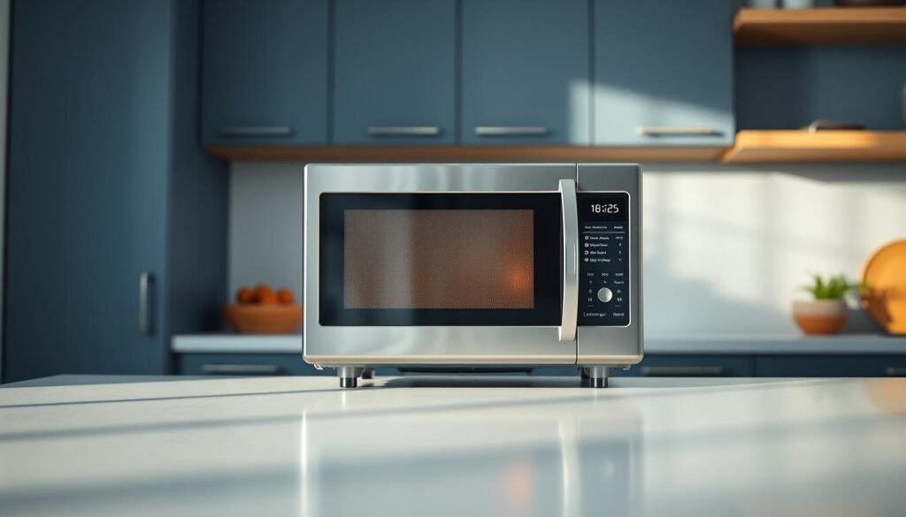 A crisp and well-lit scene of a modern kitchen counter, the smooth surface reflecting the warm glow of a stainless steel microwave oven placed at the center. Subtle blue-gray cabinets and natural wood accents create a calming, minimalist atmosphere. The microwave's digital display shows a timer counting down, suggesting a delicious meal being reheated. The absence of hands in the frame adds to the sense of efficiency and automation, highlighting the convenience of quick microwave cooking. A soft, diffused lighting illuminates the scene, creating a cozy and inviting ambiance.