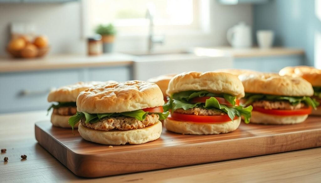 A crisp, appetizing array of dairy-free breakfast sandwiches nestled on a wooden cutting board. The scene is bathed in soft, natural light filtering through a window, casting a warm glow. In the background, a minimalist kitchen with light blue cabinets and a clean, uncluttered aesthetic sets the stage. The sandwiches feature fluffy, golden brown biscuits or English muffins, layered with savory plant-based protein, fresh greens, and vibrant slices of tomato. A few stray herbs or spices add a touch of rusticity. The overall composition exudes a sense of wholesome, nourishing simplicity, inviting the viewer to envision a satisfying, dairy-free breakfast prepped for the week ahead.