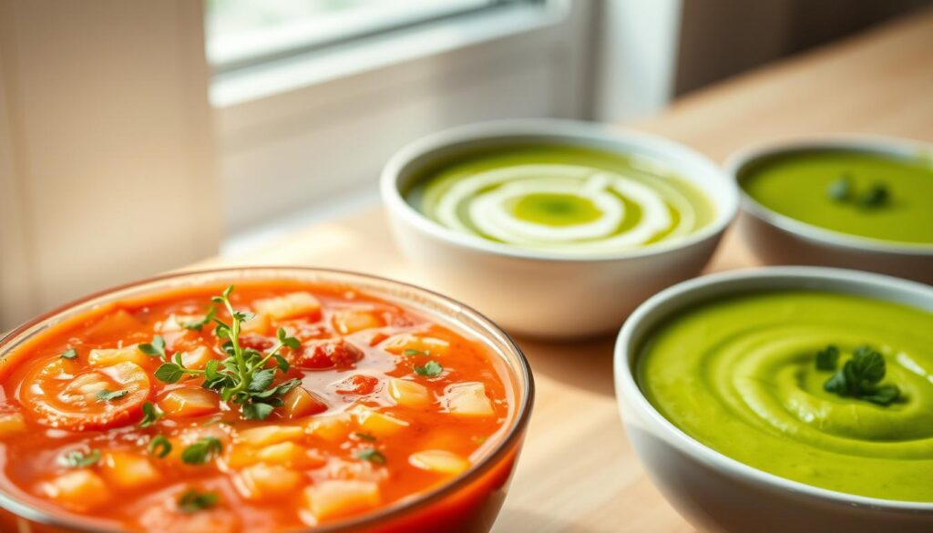 A crisp, chilled gazpacho with vibrant tomatoes, refreshing cucumber, and a hint of tangy vinegar, garnished with delicate microgreens. Beside it, a creamy avocado soup, smooth and silky, its verdant hue complemented by a swirl of rich olive oil. In the background, a minted pea puree, its bright green color reminiscent of a summer meadow, served in simple white bowls against the light wood surfaces of the minimalist kitchen. The scene is bathed in soft, natural light, creating a calming, appetizing atmosphere.