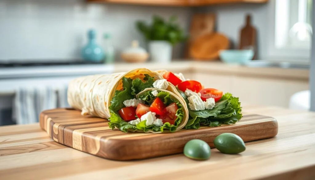 A crisp, freshly prepared Mediterranean salad wrap sits invitingly on a wooden cutting board in a cozy, light-filled kitchen. The wrap's vibrant filling of leafy greens, juicy tomatoes, tangy feta, and crunchy cucumber spills out, beckoning to be savored. Warm earth tones and light blue accents create a serene, minimalist atmosphere, setting the stage for a nourishing, no-heat lunchbox delight.