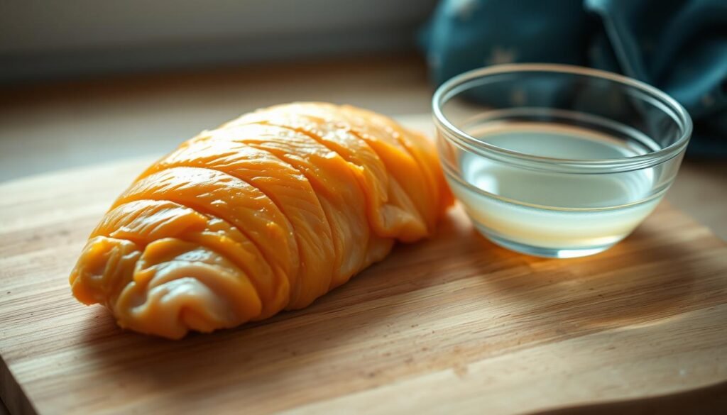 A crisp, golden-brown chicken breast rests on a wooden cutting board, its surface a tapestry of delicate folds. Nearby, a glass bowl filled with a clear, silky liquid - the velveting marinade, a key step in creating the tender, juicy texture. Soft, diffused lighting casts a warm glow, highlighting the textures and creating a sense of tranquility in the minimalist kitchen. The background features subtle blue accents, hinting at the versatility of this protein prep technique as it prepares the chicken for endless variations of delicious stir-fries.