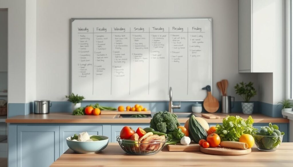 A crisp, minimalist kitchen with clean wooden surfaces and soft blue accents. On the counter, an array of fresh ingredients - vibrant vegetables, lean proteins, and healthy carbohydrates. Above, a large whiteboard showcases a neatly organized weekly meal plan, each day's menu detailed with simple, nutritious recipes. The space is bathed in soft, natural light, creating a serene, welcoming atmosphere for meal prepping and clean eating. The overall scene conveys a sense of intention, organization, and a commitment to a healthy lifestyle.