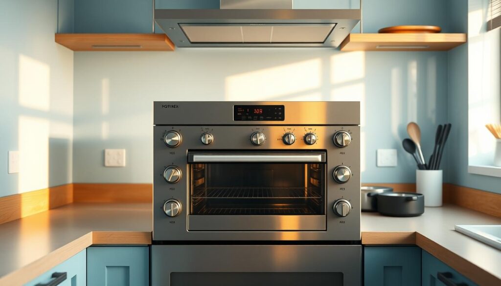 A crisp, minimalist kitchen with light blue accents and natural wooden textures. Centered on the countertop, a gleaming stainless steel oven surrounded by various temperature control knobs and digital displays. Warm, soft lighting illuminates the scene, casting gentle shadows and highlighting the intricate mechanics of the appliance. The composition emphasizes the oven as the focal point, conveying a sense of precision and culinary expertise. The overall atmosphere is one of calm, order, and the promise of delicious, perfectly cooked meals.