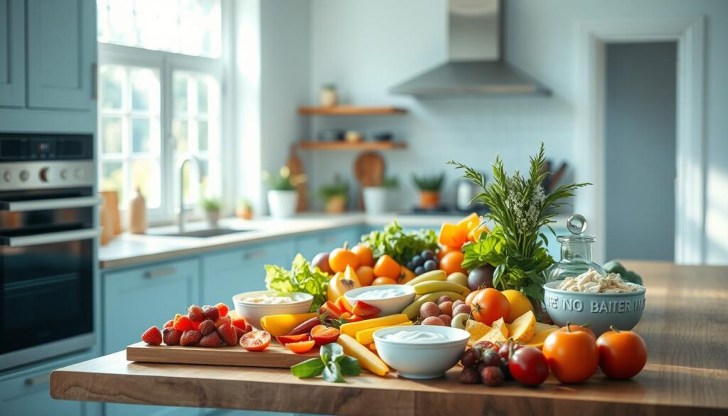 A crisp, pristine kitchen in soft blue hues, sunlight streaming through large windows, illuminating a bountiful spread of fresh, colorful ingredients. On a wooden countertop, an array of vibrant fruits, crunchy vegetables, creamy dips, and protein-rich snacks await, ready to be assembled into nourishing, no-cook meals. The scene exudes a sense of effortless ease, with no visible hands, just the promise of a satisfying, stress-free dining experience in the summer heat.