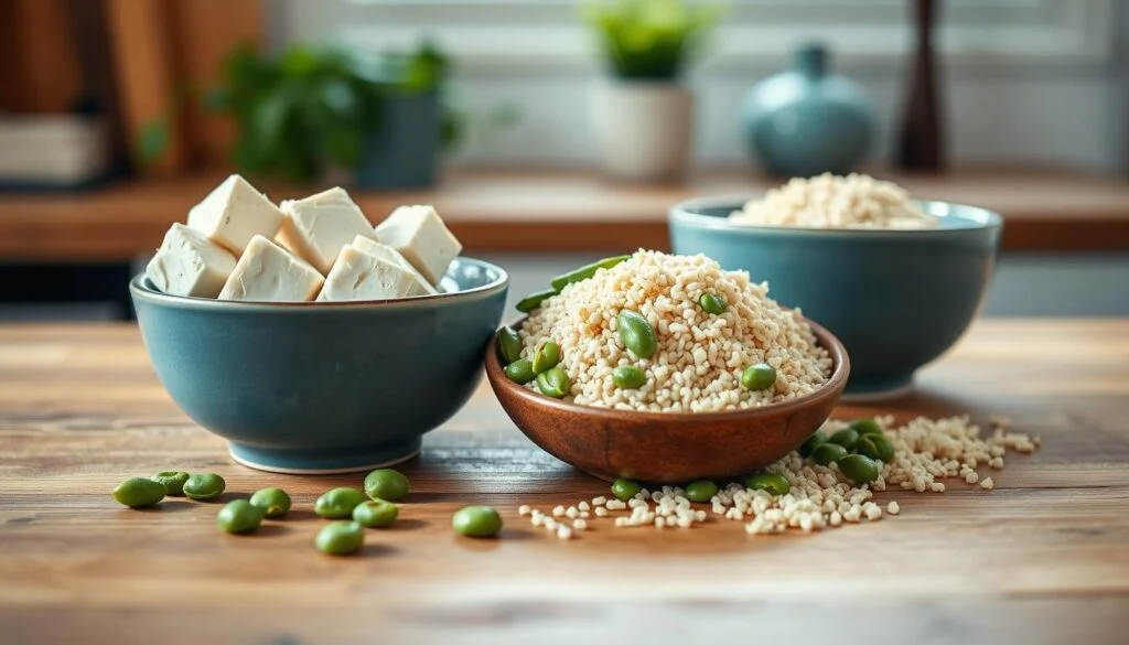 A crisp, well-lit still life capturing a plant-based power trio - tofu cubes, bright green edamame, and fluffy quinoa - arranged elegantly on a wooden kitchen counter. Soft blue ceramic bowls and a hint of greenery in the background create a modern, minimalist vibe. Warm, natural lighting casts gentle shadows, highlighting the varied textures and deep colors of the vegan protein ingredients. The composition is balanced, drawing the eye to the key elements that fuel delicious, nutritious plant-based meals.