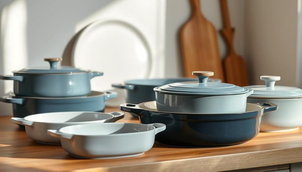 A curated selection of modern, sleek casserole dishes arranged on a wooden kitchen countertop. The dishes feature a range of shapes, sizes, and materials, including ceramic, porcelain, and enameled cast iron, in muted shades of blue, white, and gray. The scene is illuminated by a natural, soft light, casting gentle shadows and highlighting the textural details of the dishware. The overall mood is one of minimalist elegance, inviting the viewer to imagine the delicious meals that could be prepared and served in these versatile vessels.