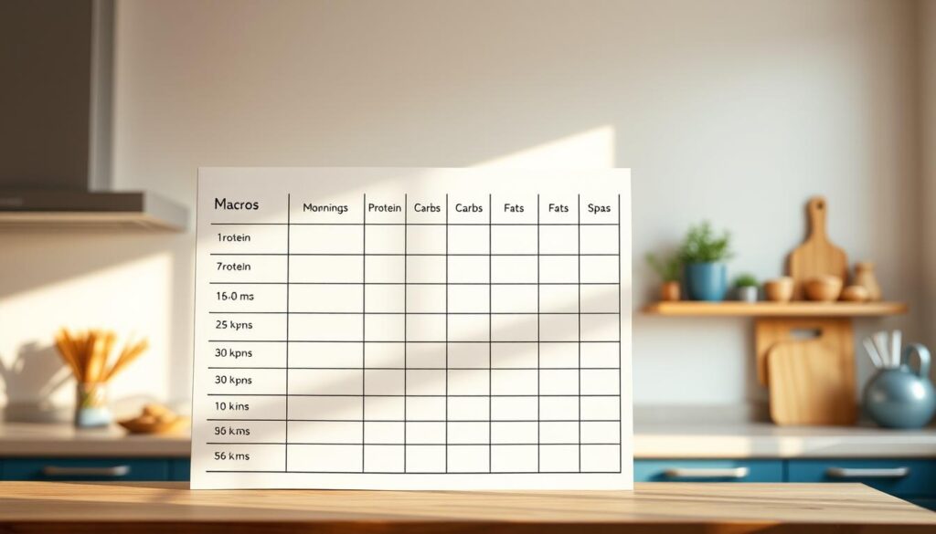 A custom macros tracking chart against a minimalist, cozy kitchen backdrop. The chart displays neatly organized columns for protein, carbs, and fats, with a warm, earthy color palette. Soft, directional lighting casts gentle shadows, highlighting the wooden textures and blue accents. The chart appears hand-drawn, with a natural, organic feel that complements the kitchen's serene, inviting atmosphere.