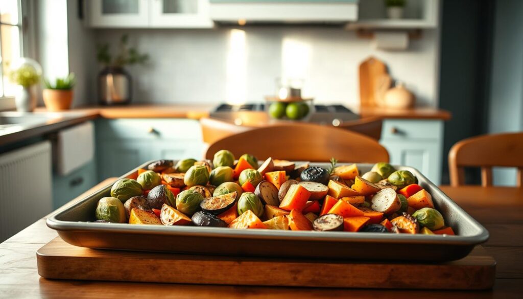 A customizable sheet pan filled with an assortment of Whole30-compliant vegetables, such as roasted Brussels sprouts, carrots, and sweet potatoes, arranged in a visually appealing manner. The pan is placed on a wooden table in a cozy, minimal kitchen, with light blue accents on the walls and countertops. The lighting is soft and warm, creating a calming atmosphere. The scene is captured from a slightly elevated angle, showcasing the vibrant colors and textures of the ingredients, inviting the viewer to imagine the delicious, nutritious meal that could be created with this versatile sheet pan dinner.