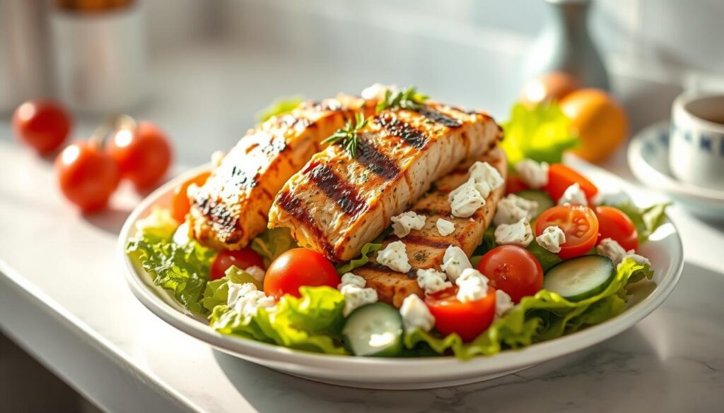 A delectable Greek chicken salad artfully arranged on a pristine white plate, bathed in warm, natural lighting. The tender, grilled chicken breasts are nestled atop a vibrant bed of crisp romaine lettuce, dotted with juicy cherry tomatoes, creamy feta crumbles, and crunchy cucumber slices. Fragrant oregano and a drizzle of tangy lemon vinaigrette add layers of flavor, while the minimal, light blue-accented kitchen setting exudes a sense of ease and simplicity. This nourishing, visually appealing dish embodies the essence of an "Innovative Salad Recipe Idea" for a satisfying cold lunch.