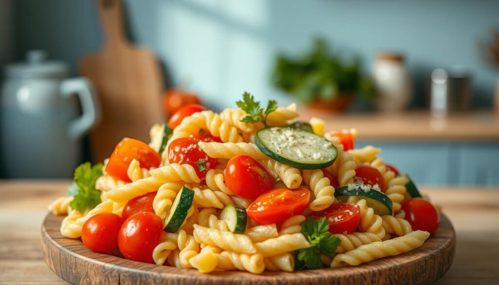 A delectable allergen-free pasta salad, freshly tossed in a cozy, minimal kitchen. Vibrant vegetables - crisp bell peppers, juicy cherry tomatoes, and tender zucchini slices - mingle with gluten-free pasta. The salad is dressed in a light, creamy vinaigrette, free of common allergens. Wooden textures and light blue accents create a serene, inviting atmosphere, as soft, directional lighting illuminates the scene. This healthful, allergy-friendly dish is ready to be enjoyed, free from worry.